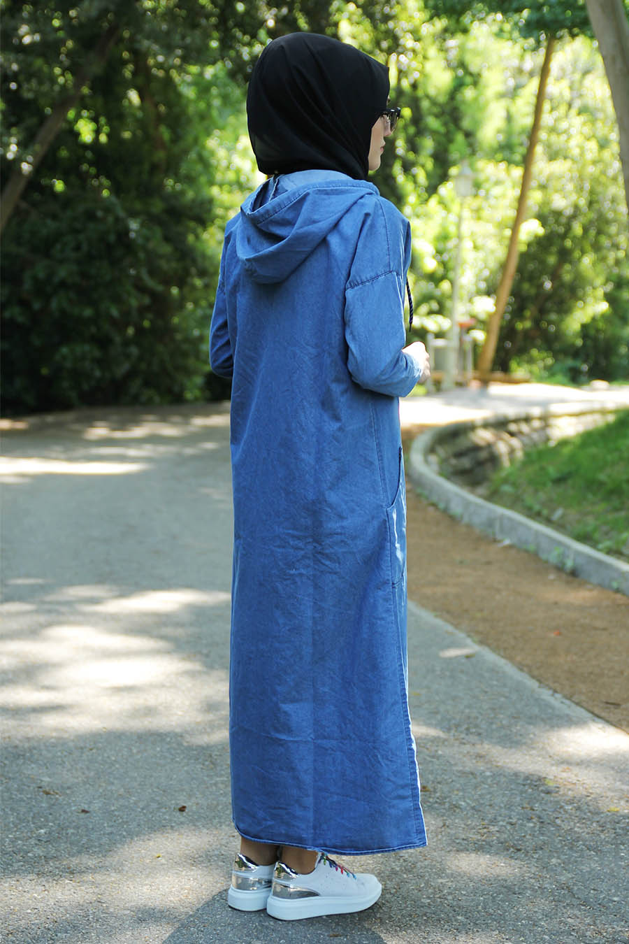 Kapüşonlu Kot Tesettür Elbise - Mavi