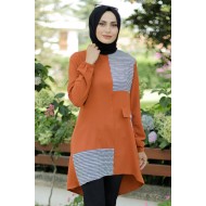 Kaz Ayağı Detaylı Tunik - Kiremit