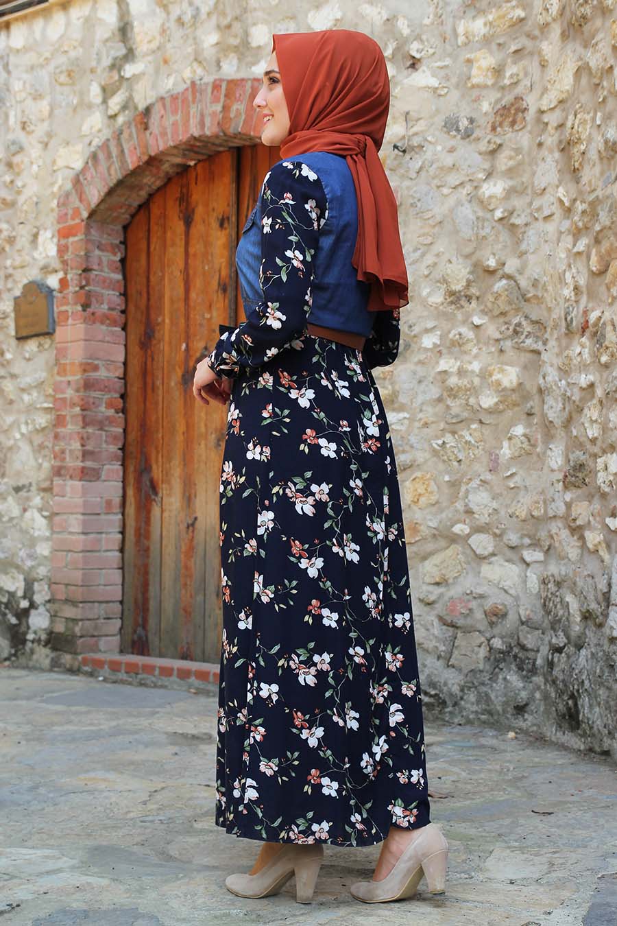 Kemer Detaylı Çiçekli Elbise - Lacivert