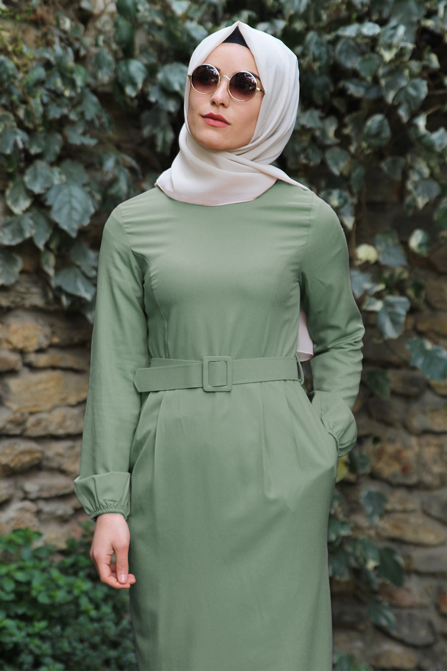 Kemerli Kalem Elbise - Çağla Yeşili