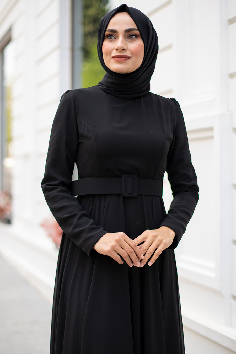 Kemerli Şifon Tesettür Abiye Elbise - Siyah