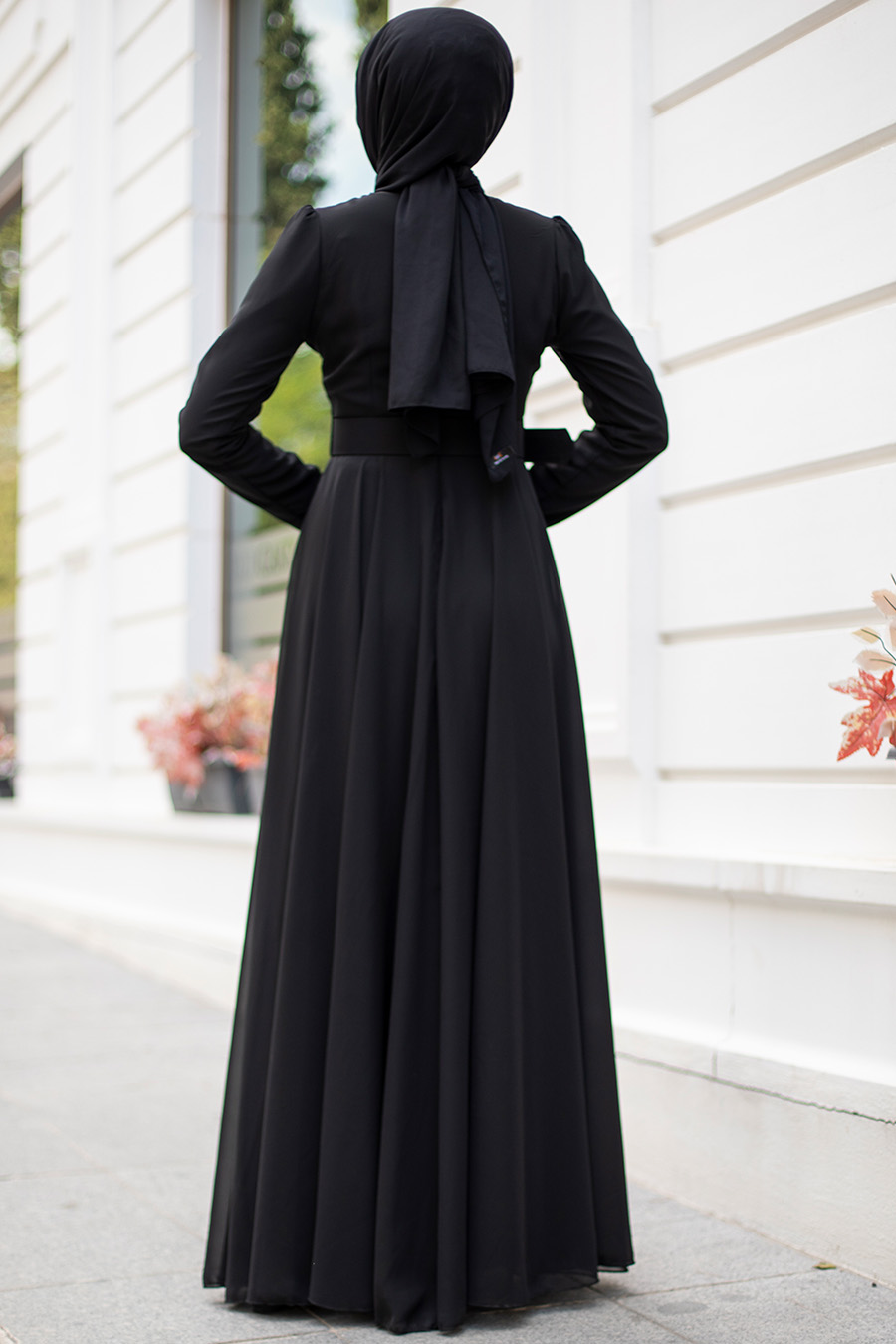 Kemerli Şifon Tesettür Abiye Elbise - Siyah