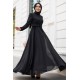 Kemerli Şifon Tesettür Abiye Elbise - Siyah