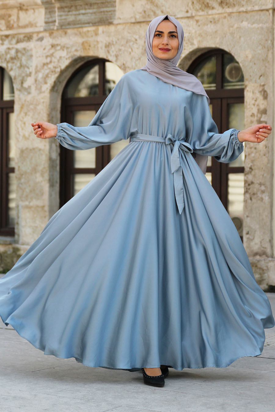 Kloş Model Tesettür Abiye Elbise - Buz Mavisi