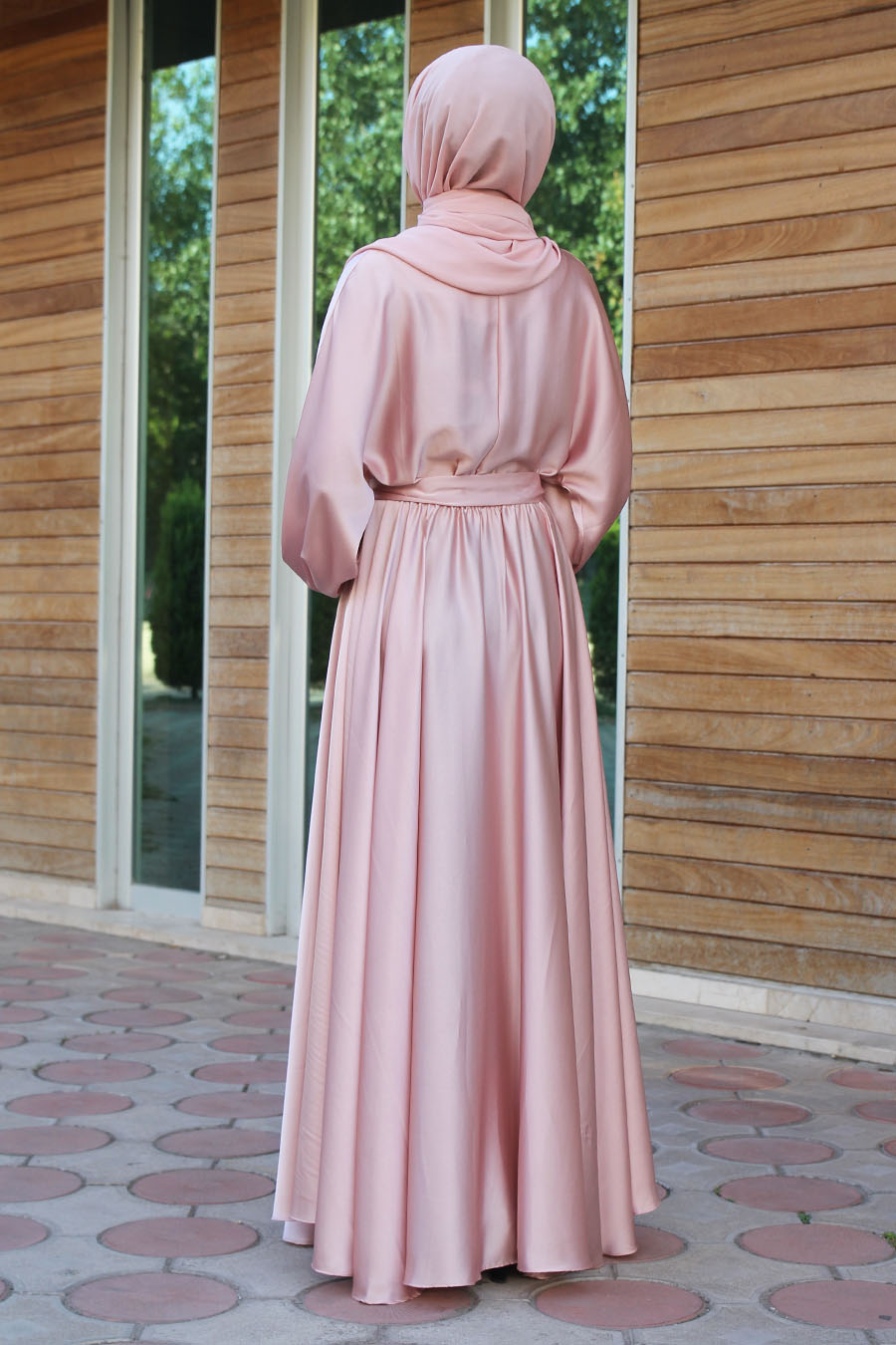 Kloş Model Tesettür Abiye Elbise - Pudra