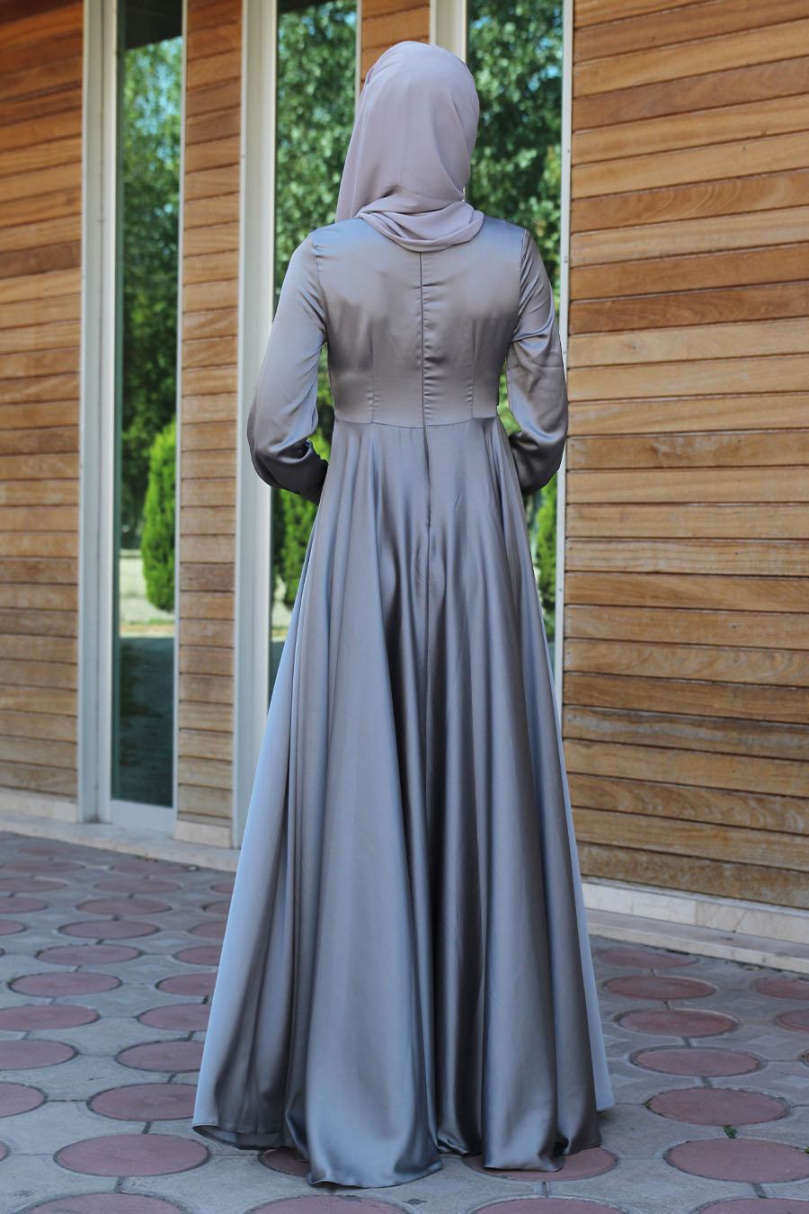 Kloş Model Tesettür Abiye Elbise - Gri