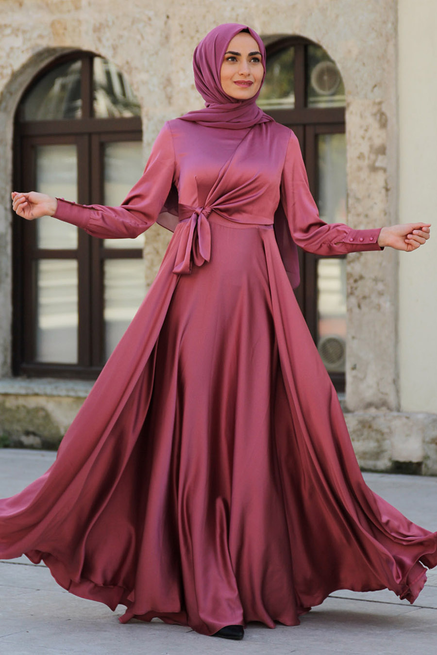 Kloş Model Tesettür Abiye Elbise - Gülkurusu