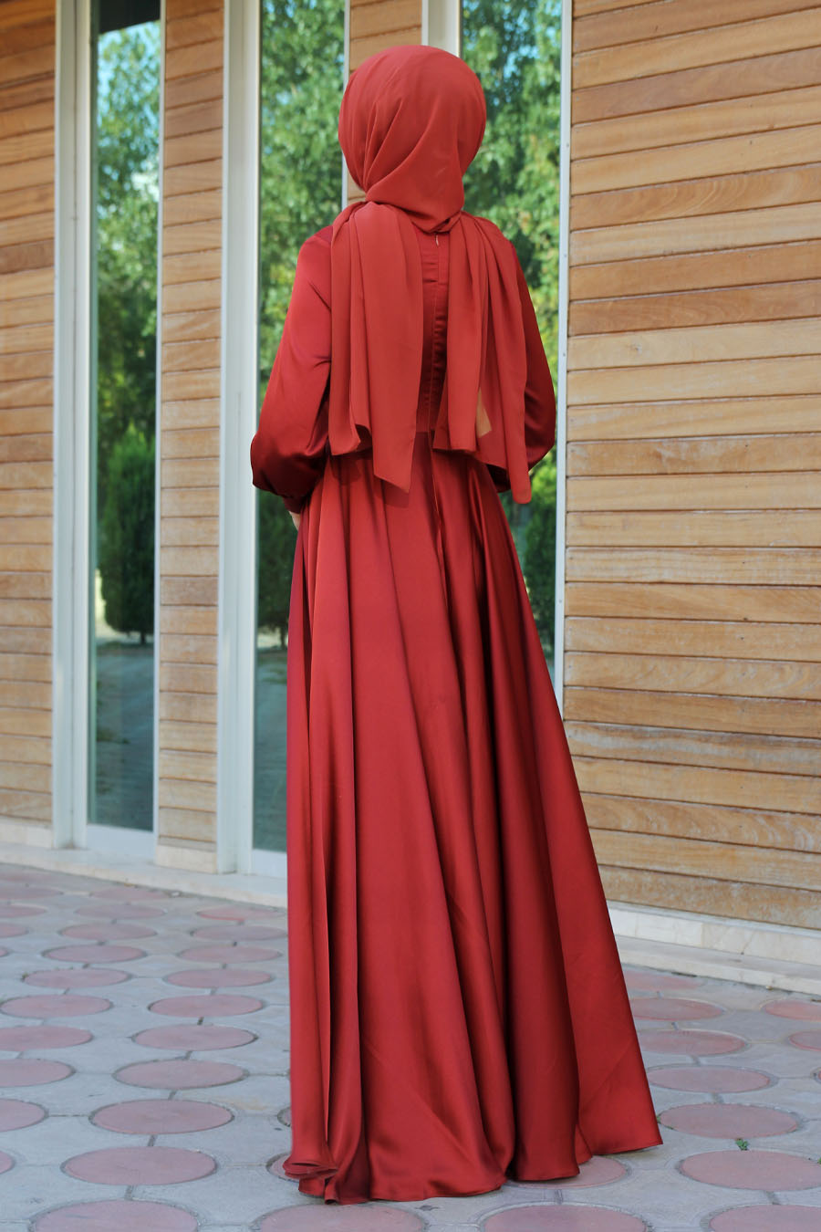 Kloş Model Tesettür Abiye Elbise - Kiremit