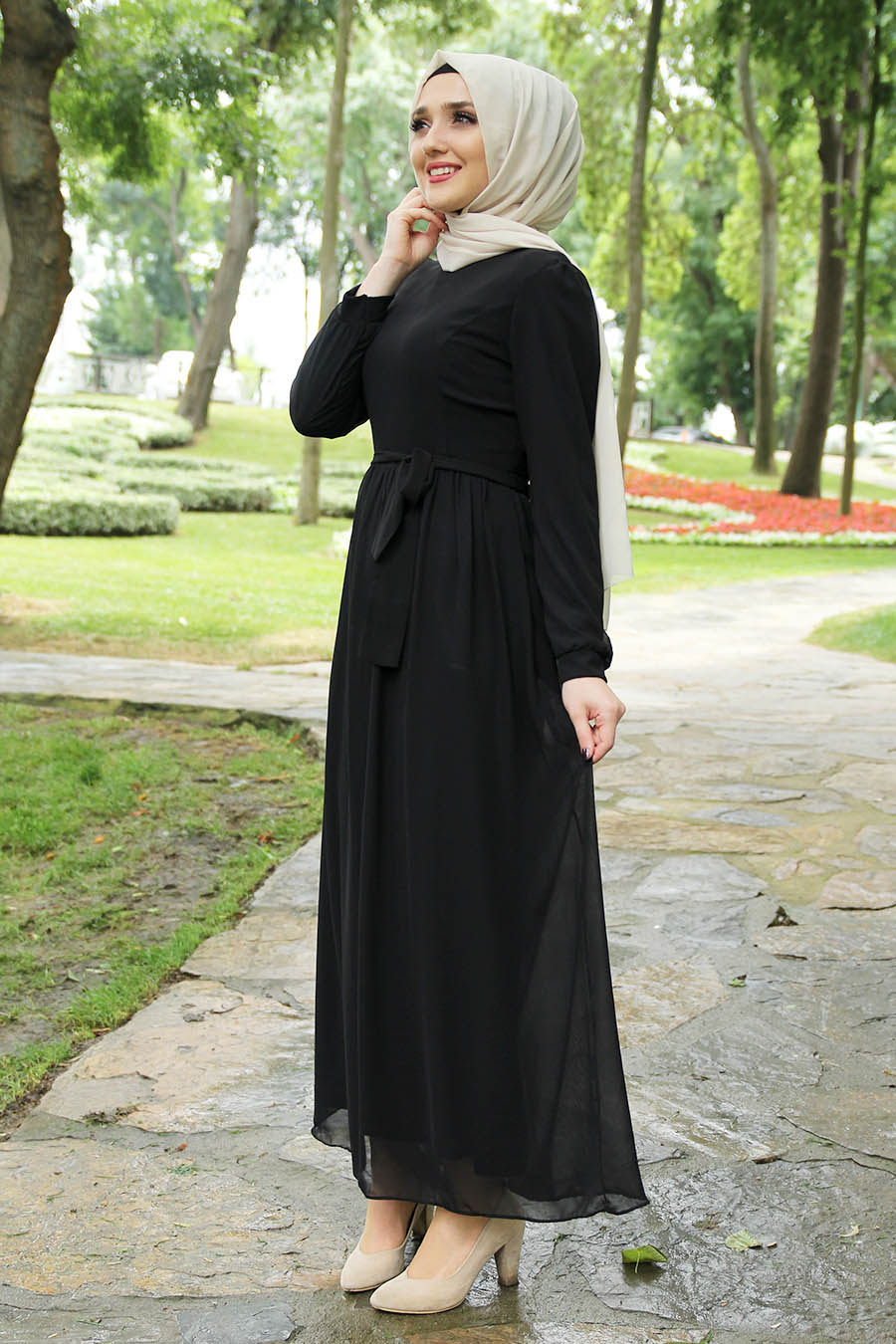 Kuşak Detaylı  Şifon Tesettür Elbise - Siyah