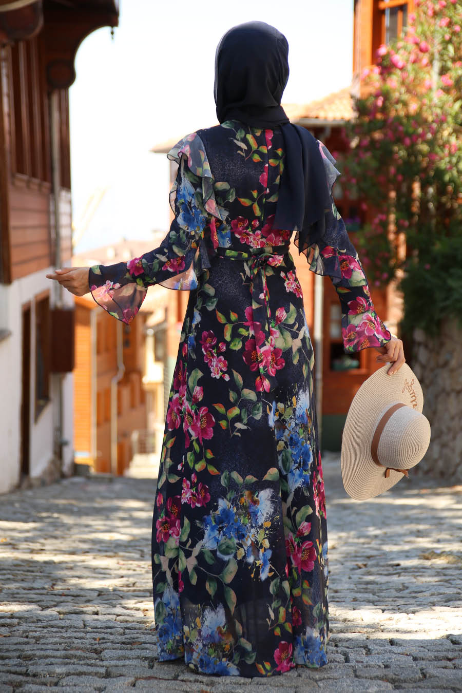  Çiçekli Fırfırlı Tesettür Elbise - Lacivert