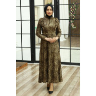 Koyu Leopar Desenli Tesettür Elbise 
