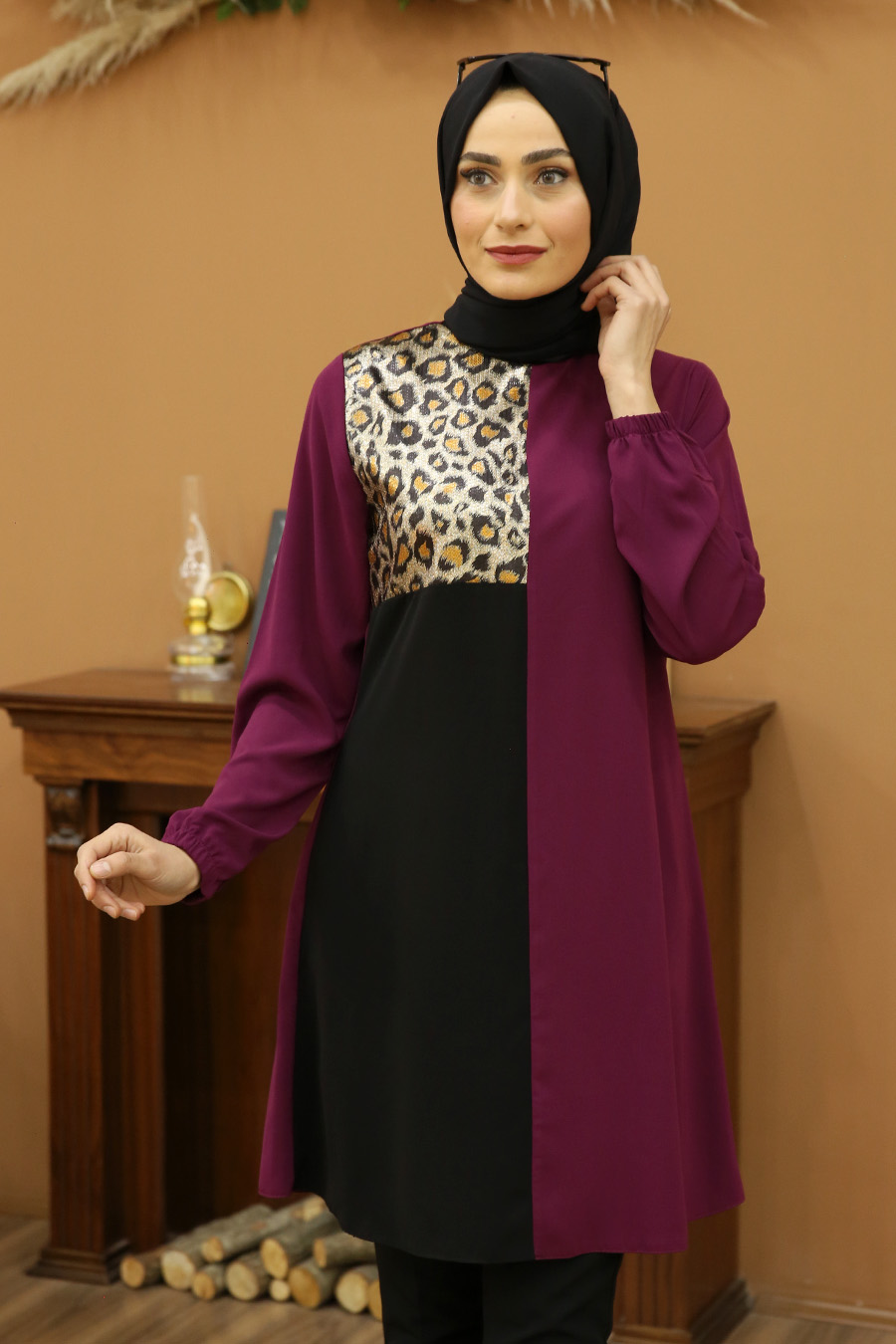 Leopar Desenli Tunik - Fuşya