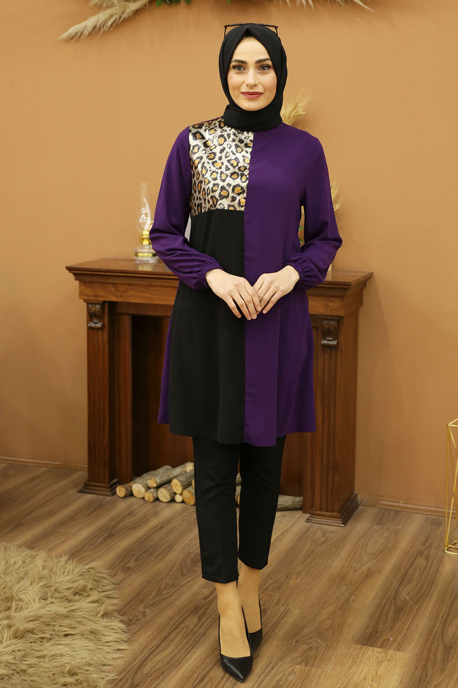 Leopar Desenli Tunik - Mor 