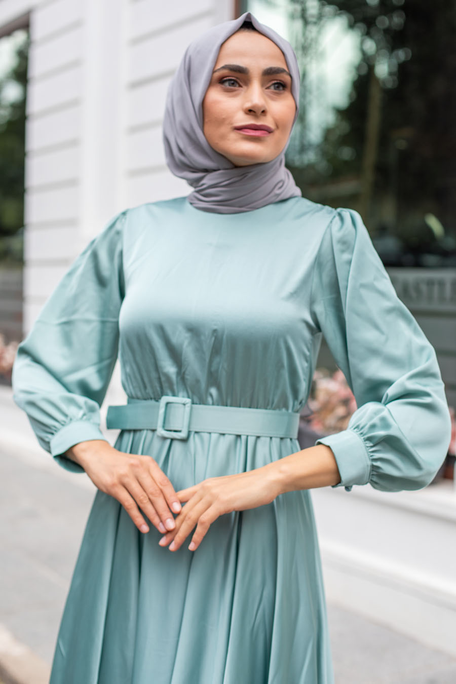 Kemerli Tesettür Abiye Elbise - Mint Kemerli Tesettür Abiye Elbise - Mint