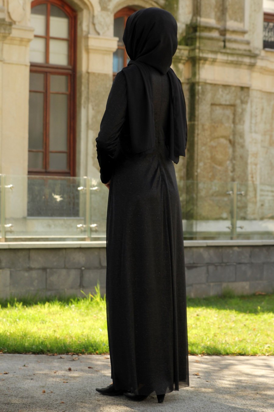 Nervür Detaylı Simli Tesettür Abiye Elbise - Siyah