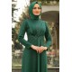 Nervür Detaylı Simli Tesettür Abiye Elbise - Yeşil