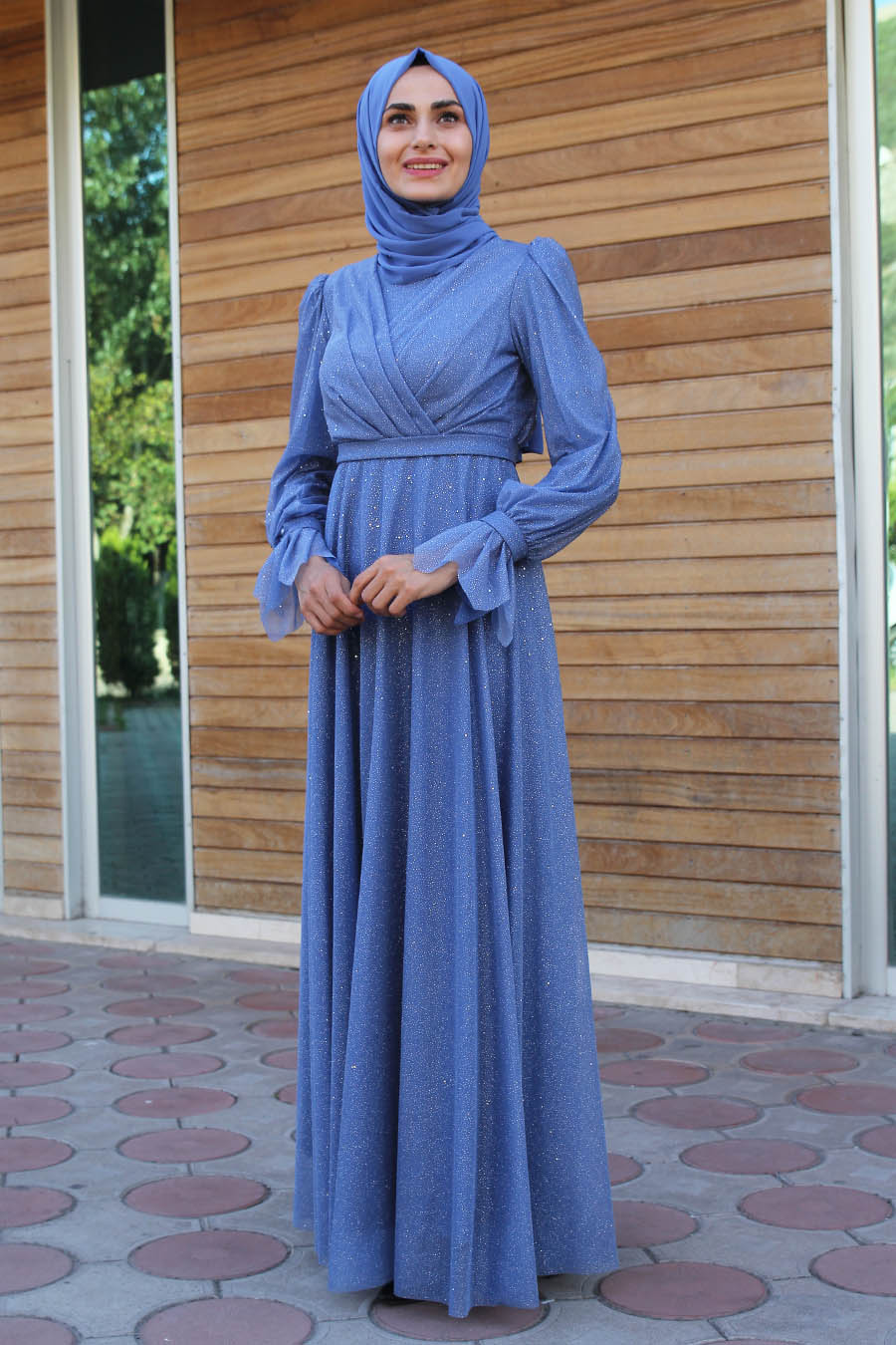 Nervür Detaylı Tesettür Abiye Elbise - İndigo