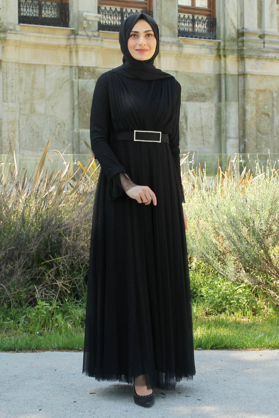 Nervür Detaylı Tesettür Abiye Elbise - Siyah