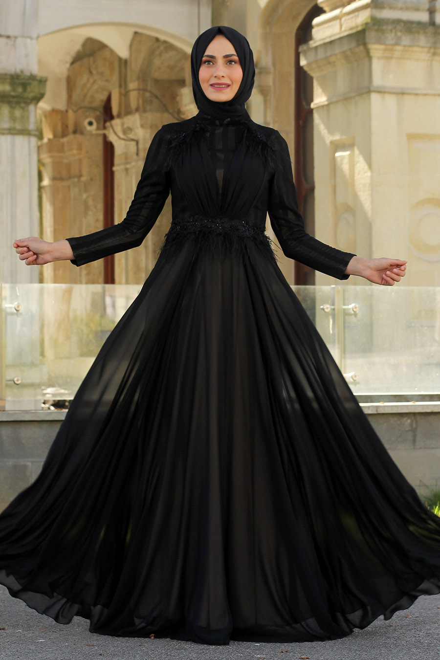 Nervür Detaylı Tüylü Tesettür Abiye Elbise - Siyah