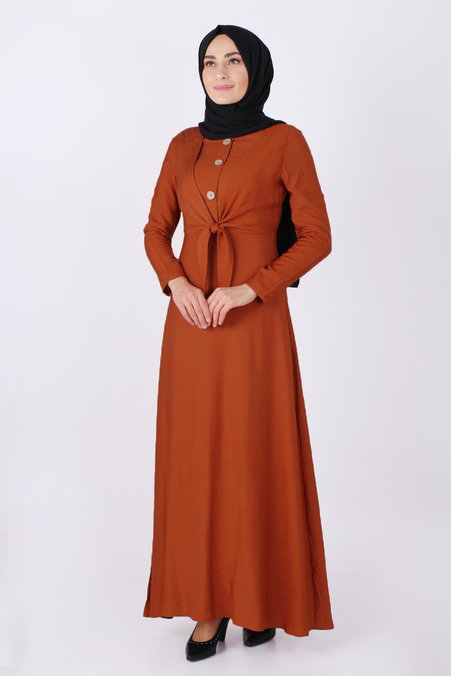 Önden Bağlamalı Tesettür Elbise - Kiremit