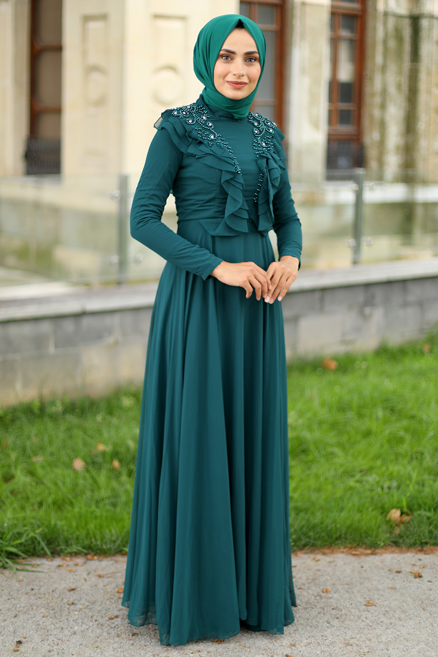 Önü Fırfırlı Tesettür Abiye Elbise - Yeşil