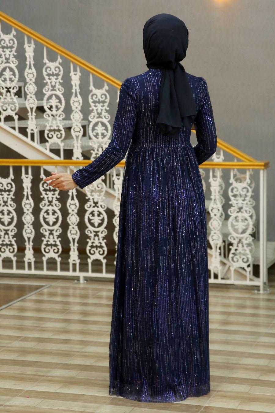 Payet ve Sim Detaylı Tesettür Abiye Elbise - Lacivert