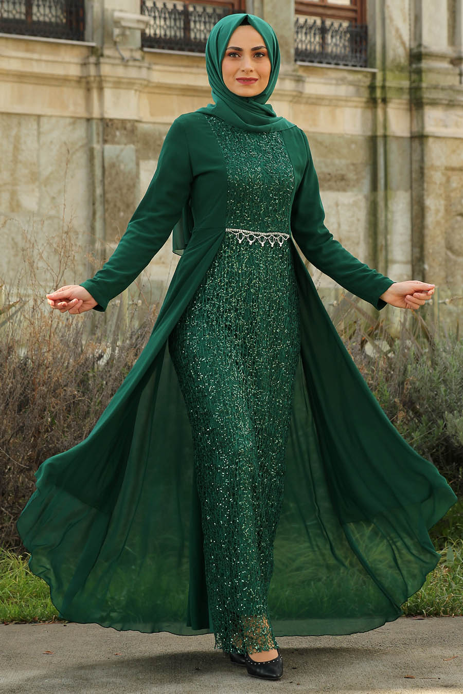 Payet Detaylı Tesettür Abiye Elbise - Yeşil