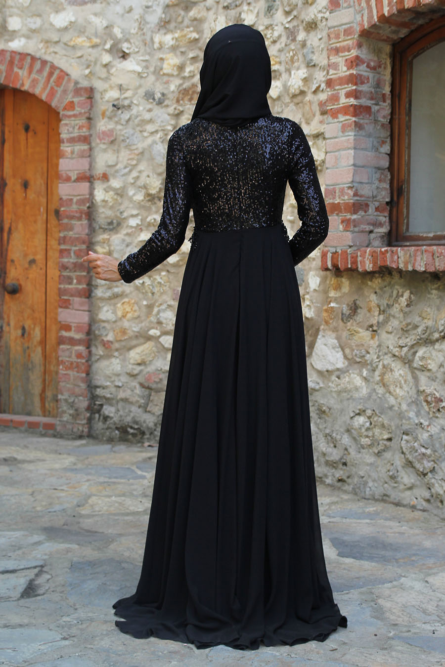 Payetli Tesettür Abiye Elbise - Siyah