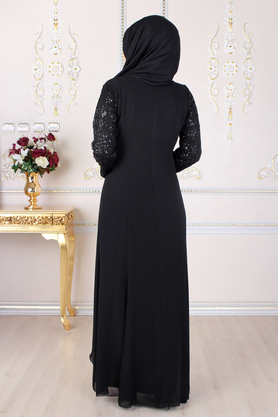 Pelerin Detaylı Büyük Beden Tesettür Abiye Elbise - Siyah