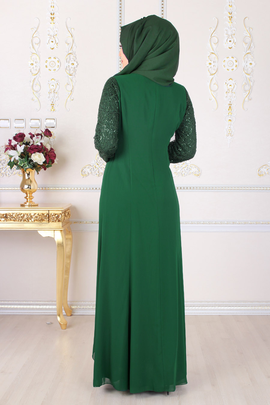 Pelerin Detaylı Büyük Beden Tesettür Abiye Elbise - Yeşil