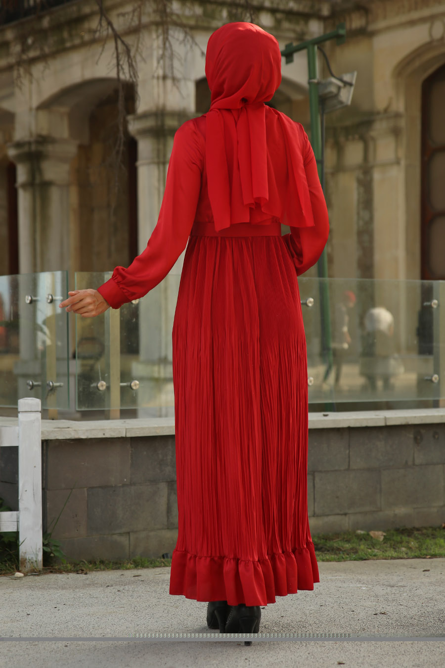  Piliseli Tesettür Elbise - Kırmızı