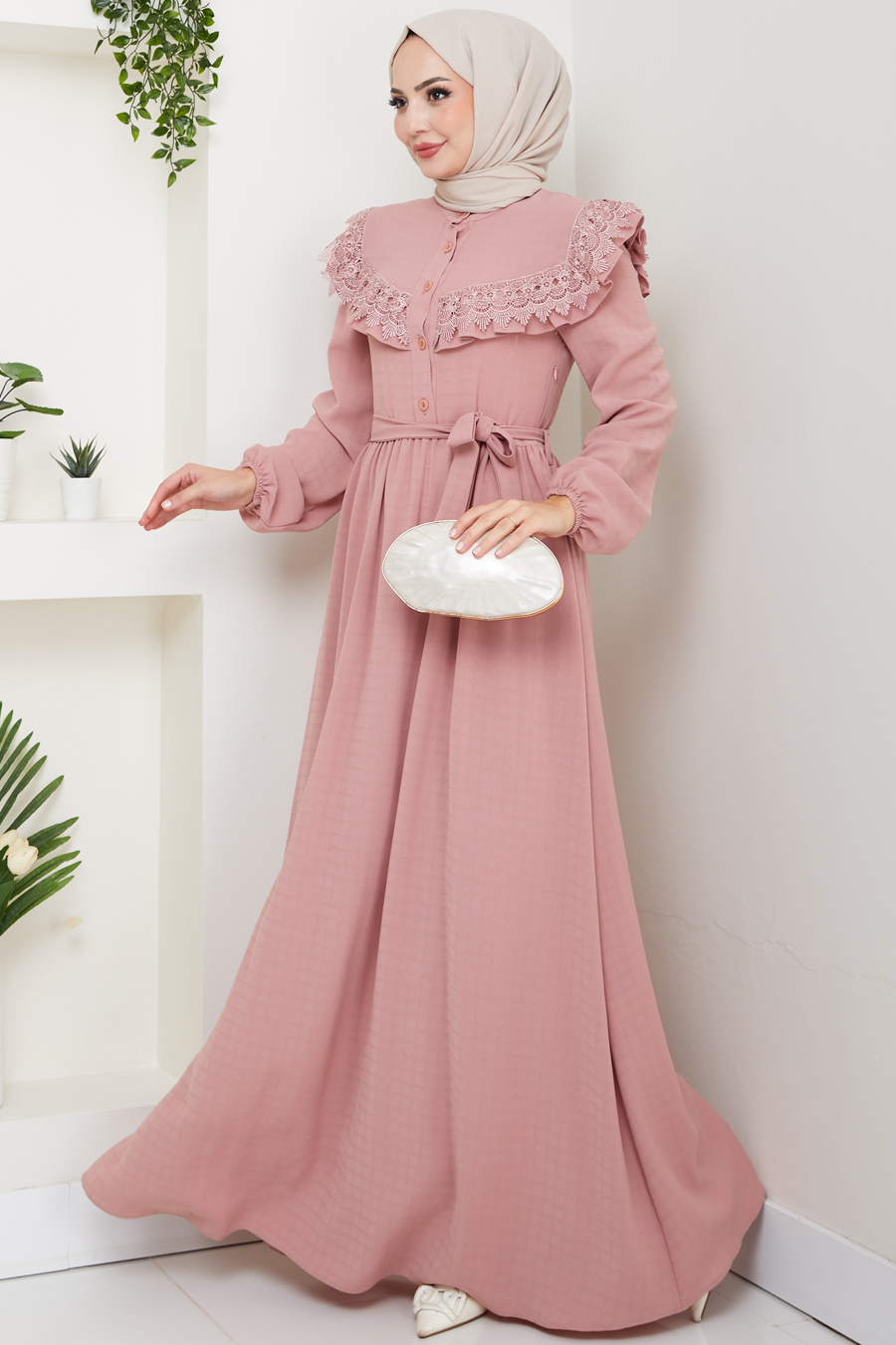 Güpürlü Tesettür Elbise - Pudra