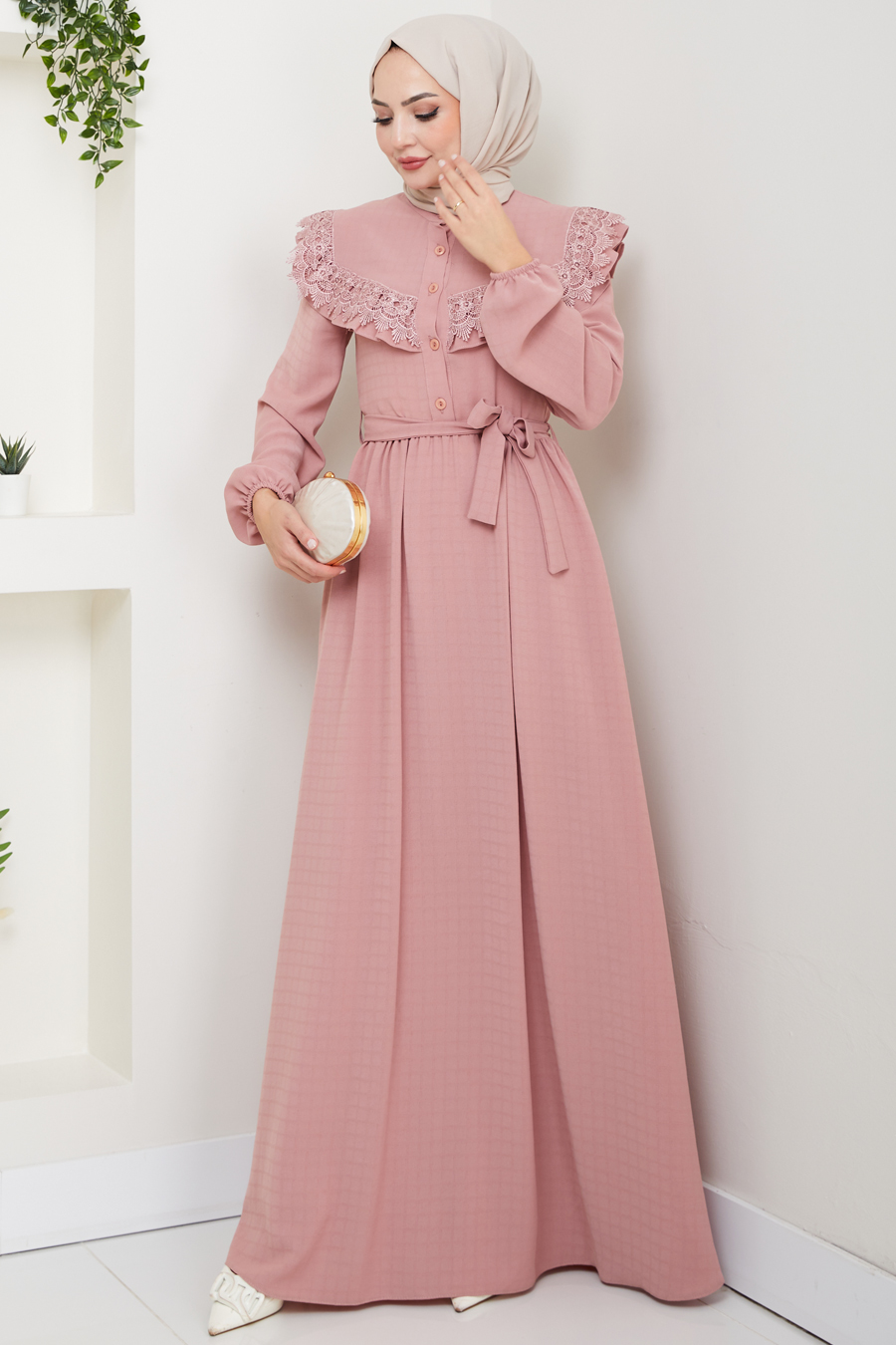 Güpürlü Tesettür Elbise - Pudra
