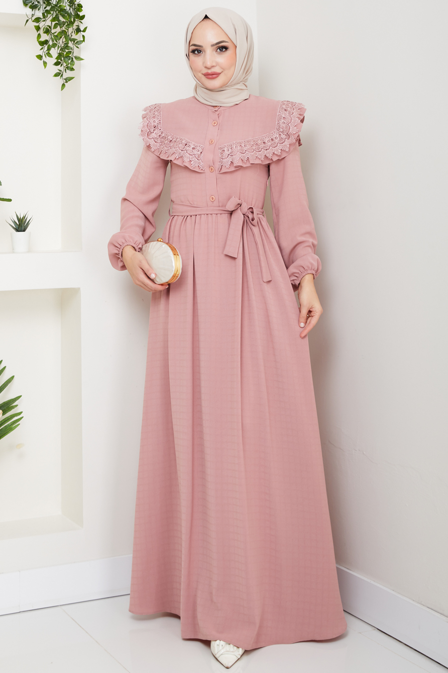 Güpürlü Tesettür Elbise - Pudra