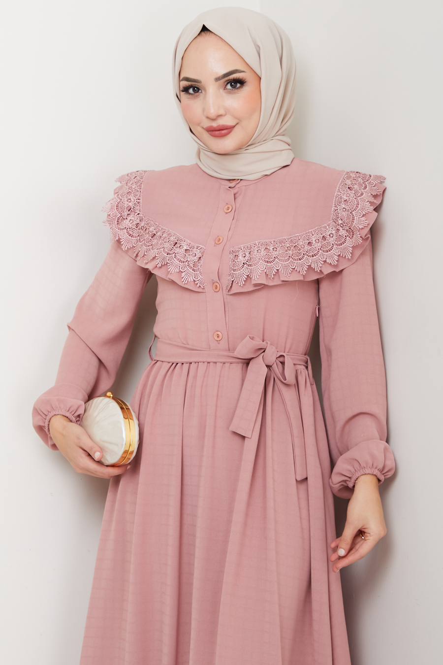 Güpürlü Tesettür Elbise - Pudra