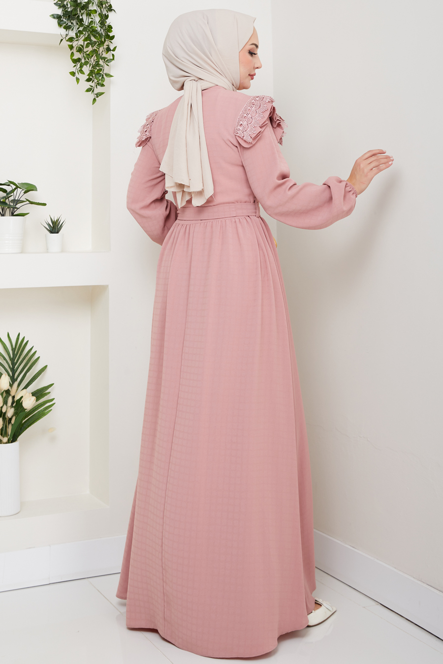 Güpürlü Tesettür Elbise - Pudra