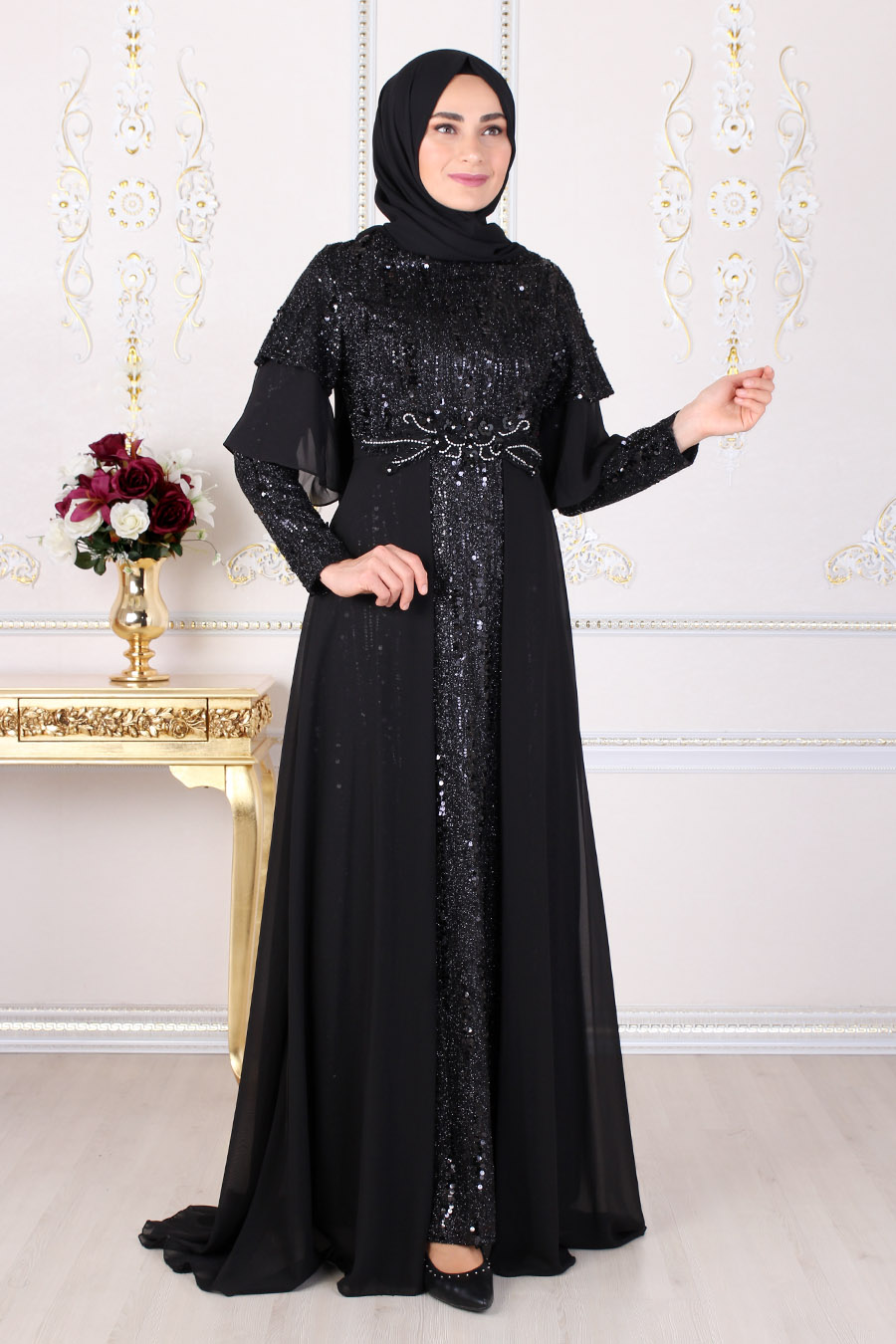 Pul Payet Detaylı Tesettür Abiye Elbise - Siyah