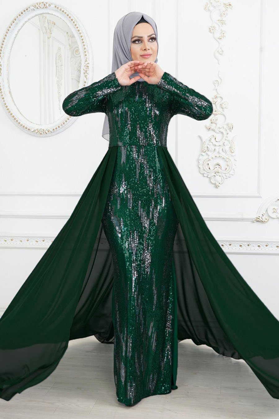 Pul Payet Detaylı Tesettür Abiye Elbise - Yeşil