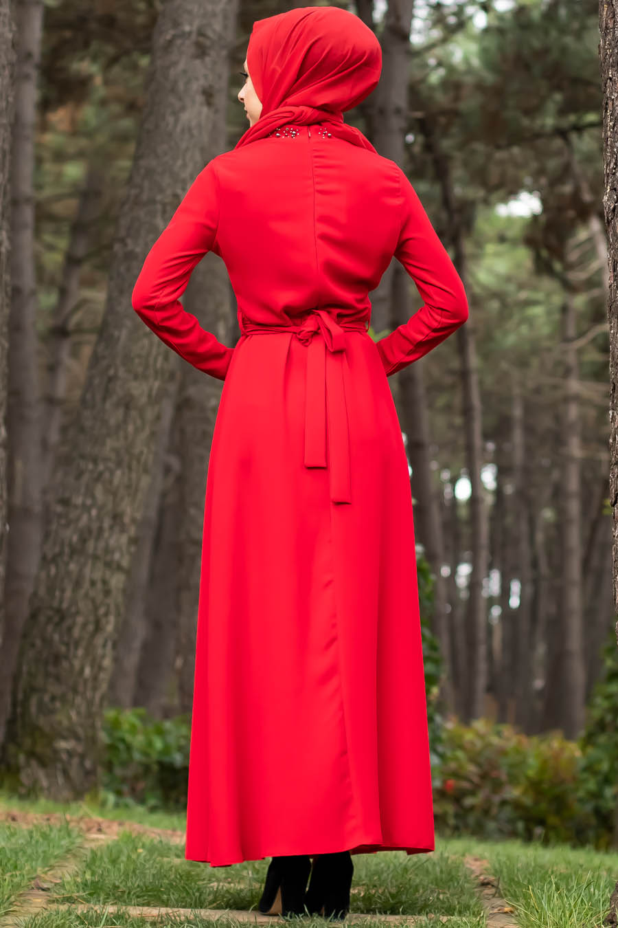 Taşlı Tesettür Abiye Elbise - Kırmızı