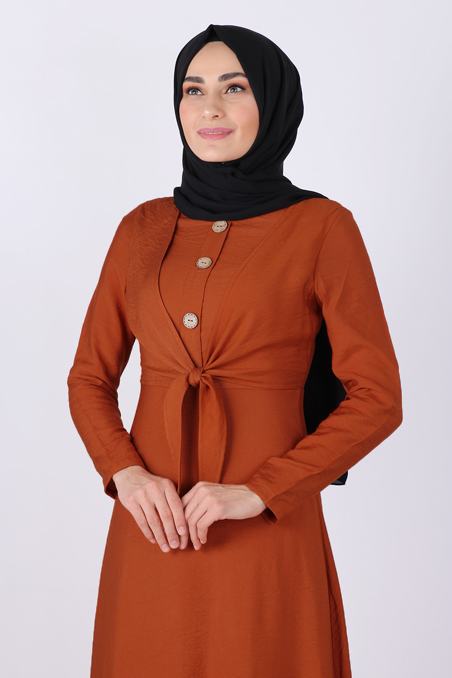 Önden Bağlamalı Tesettür Elbise - Kiremit