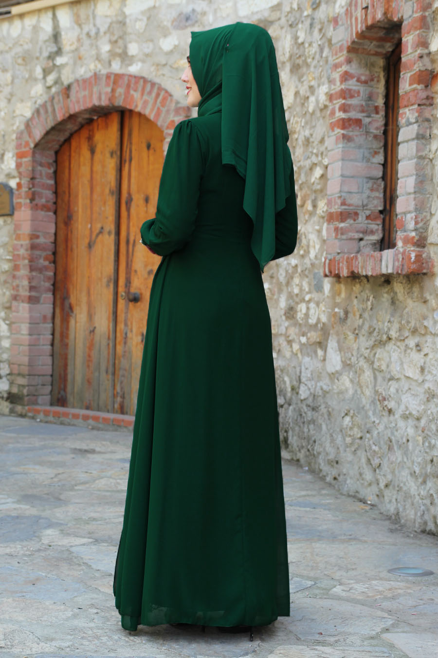 Güpür Detaylı Tesettür Abiye Elbise - Yeşil