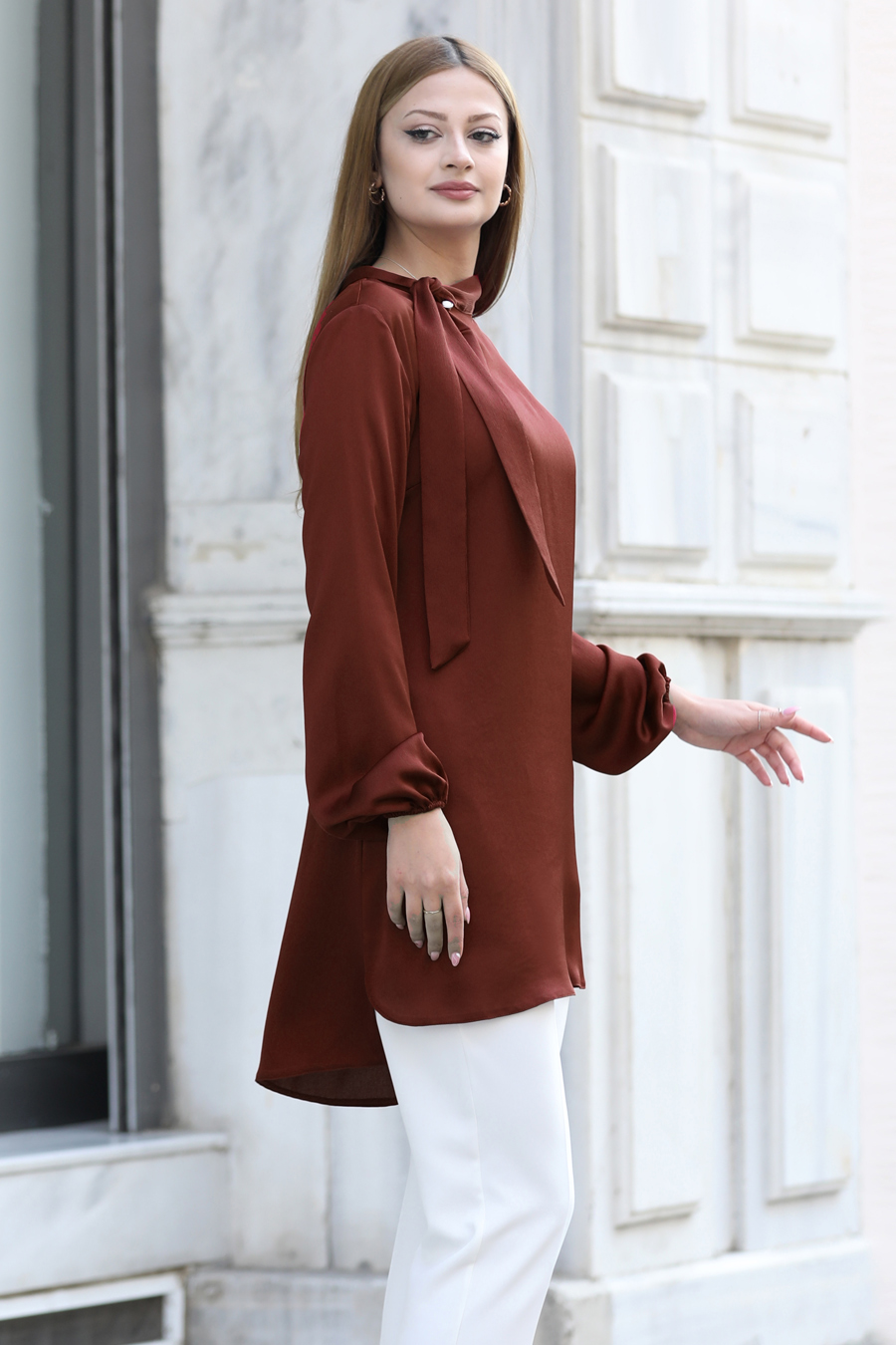 Yakası Bağlamalı Tunik -KİREMİT Yakası Bağlamalı Tunik -KİREMİT