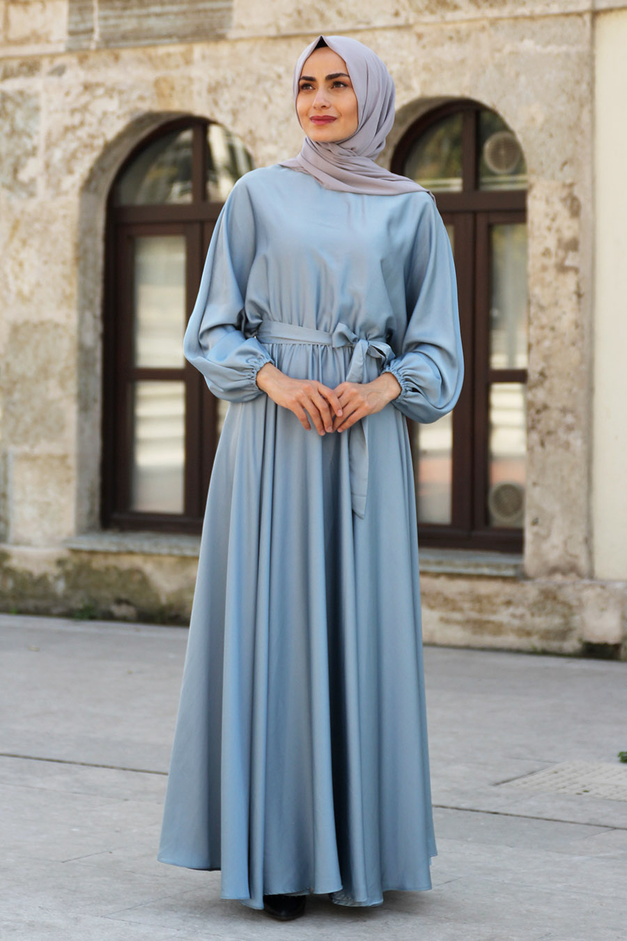 Kloş Model Tesettür Abiye Elbise - Buz Mavisi