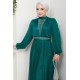 Önü Piliseli Kemerli Abiye Elbise -YEŞİL