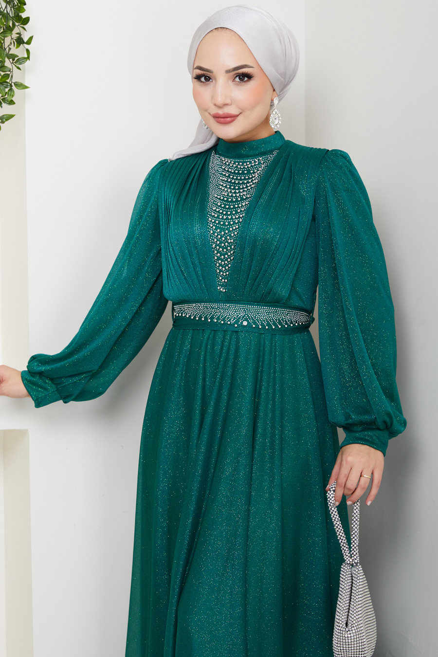 Önü Piliseli Kemerli Abiye Elbise -YEŞİL