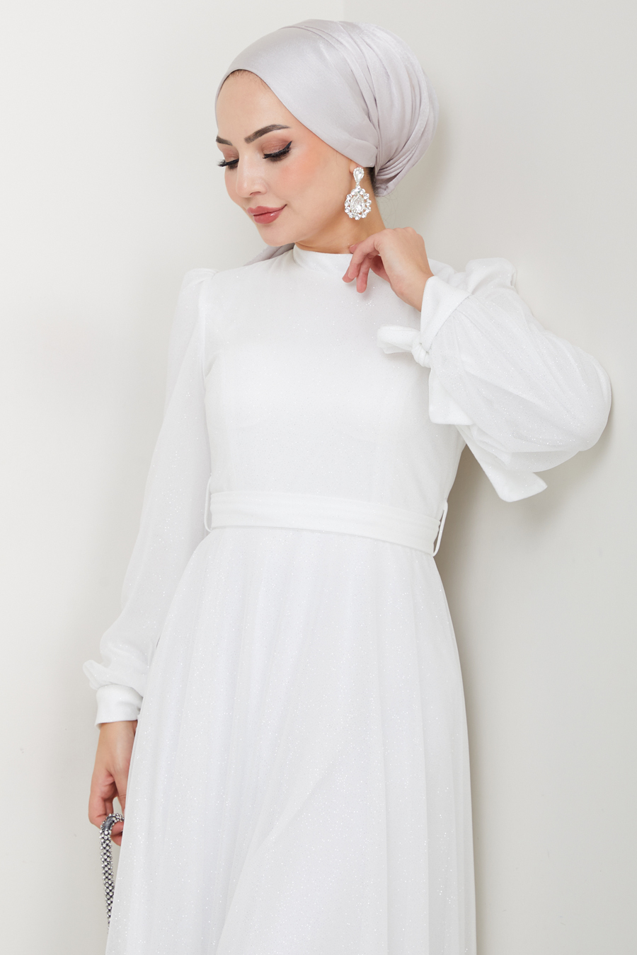 Kemerli Abiye Elbise - EKRU