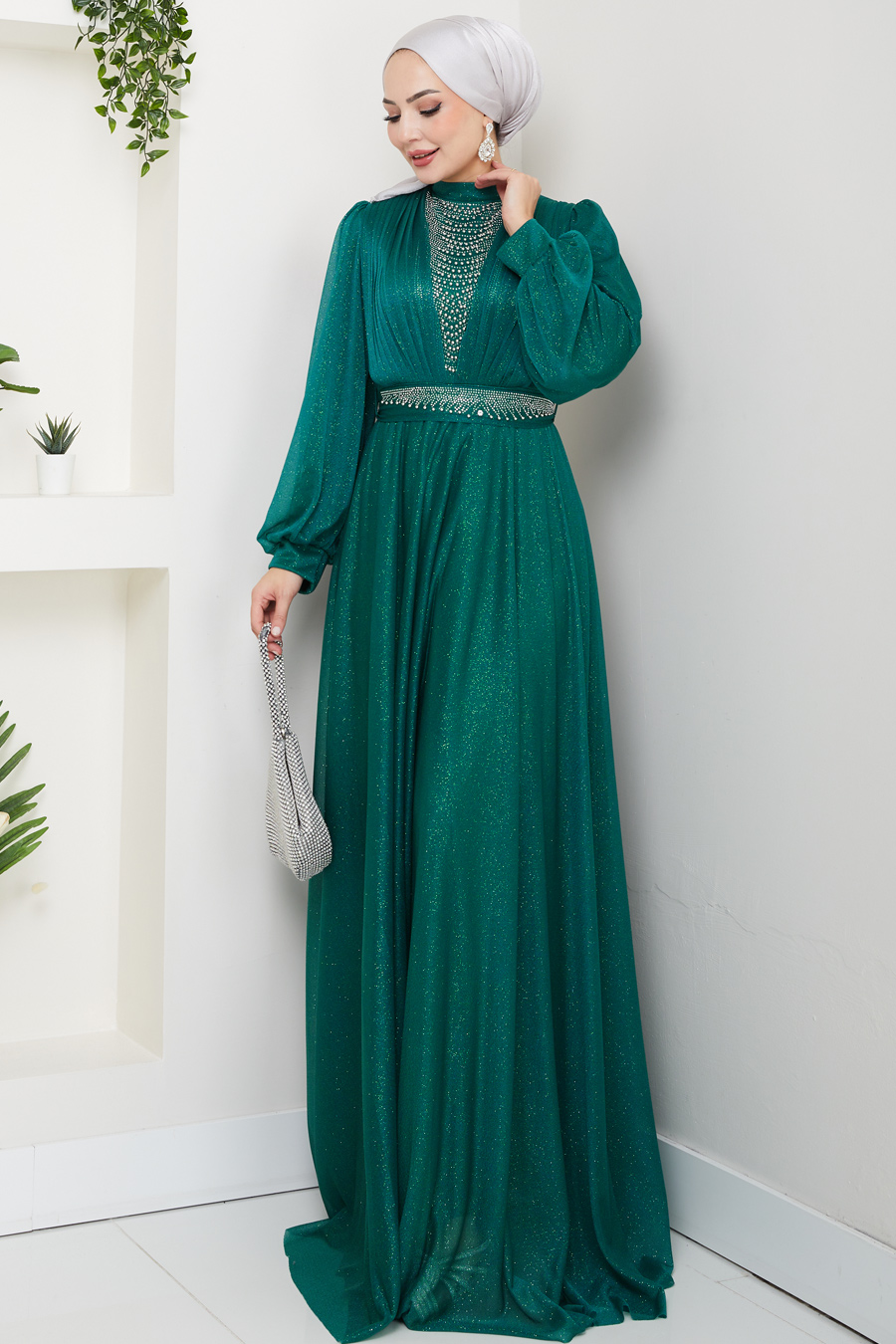 Önü Piliseli Kemerli Abiye Elbise -YEŞİL