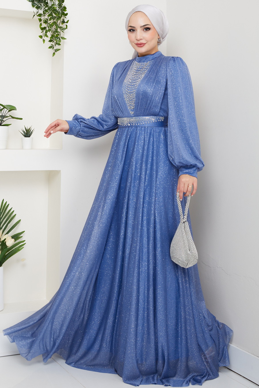 Önü Piliseli Kemerli Abiye Elbise - İNDİGO