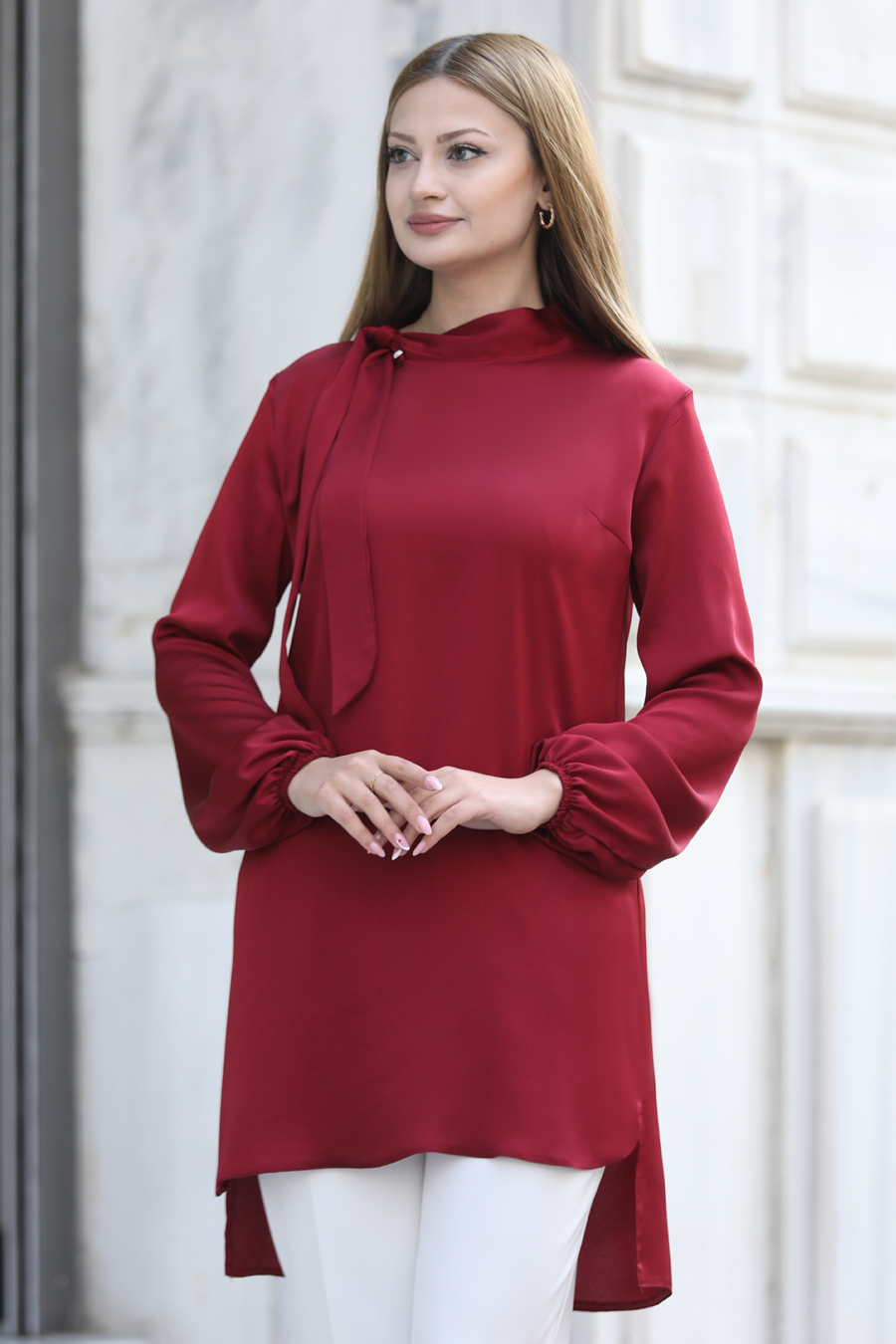 Yakası Bağlamalı Tunik -BORDO