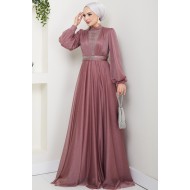 Önü Piliseli Kemerli Abiye Elbise - GÜL KURUSU